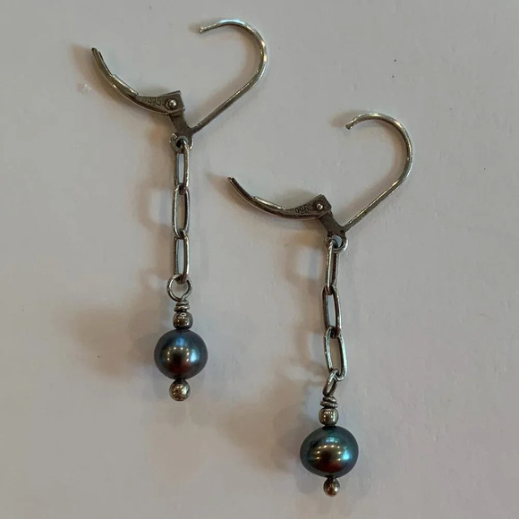 Handmade One-of-a-Kind Blue Grey Freshwater Pearl Sterling Silver Drop Earrings - Picture 3 of 4